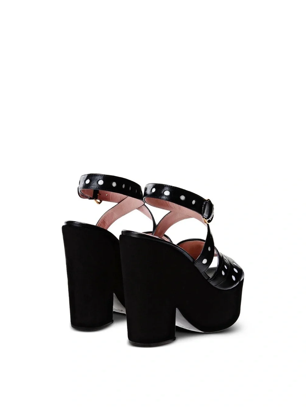 Moschino Black Leather Platform Sandals with White Polka Dots and Gold Buckle
